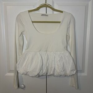 Zara White Long Sleeve Bubble Hem Peplum Top Women's Size Medium Balletcore
